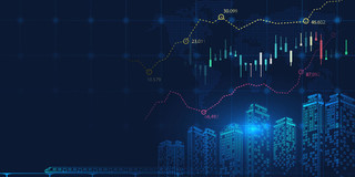 蓝色城市建筑金融科技K线图股票矢量展板背景
